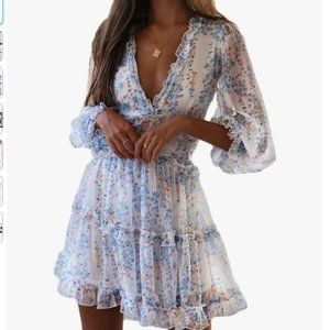 Dokotoo Womens 2023 Deep V Neck Ruffle Long Sleeve Floral Print Dress
